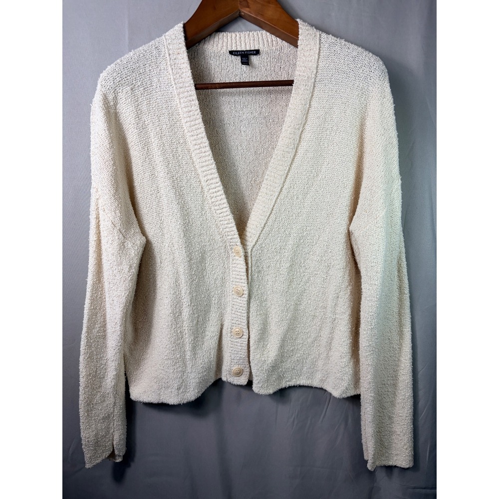 Eileen Fisher Womens Cardigan Cream M Organic Cotton Knit Button Up V-Neck Peru